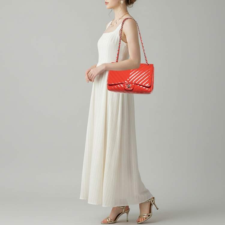 Pre Owned Chanel Classic Single Flap Jumbo Orange Chevron Patent Leather Shoulder Bag