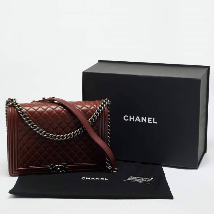 Pre Owned Chanel Boy Large Burgundy Quilted Lambskin Leather Flap Bag