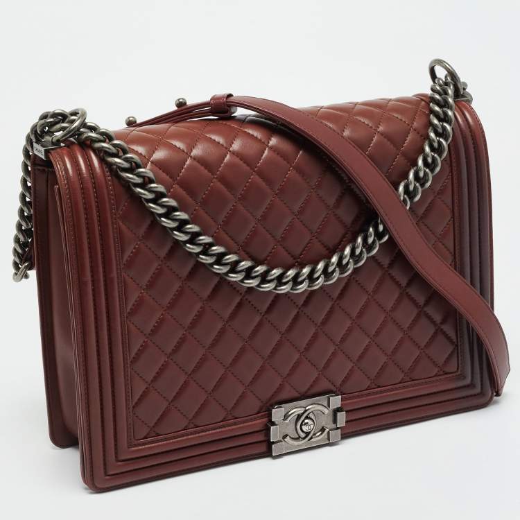 Pre Owned Chanel Boy Large Burgundy Quilted Lambskin Leather Flap Bag