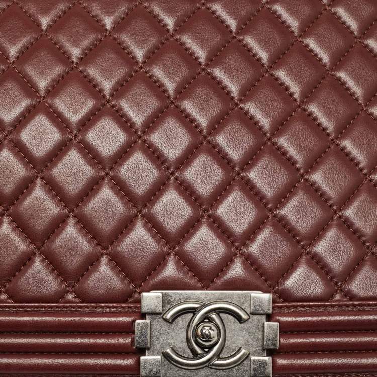 Pre Owned Chanel Boy Large Burgundy Quilted Lambskin Leather Flap Bag