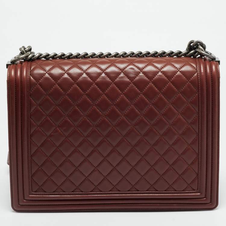 Pre Owned Chanel Boy Large Burgundy Quilted Lambskin Leather Flap Bag