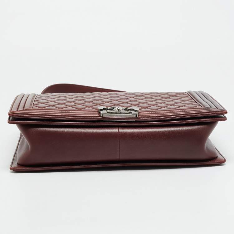 Pre Owned Chanel Boy Large Burgundy Quilted Lambskin Leather Flap Bag