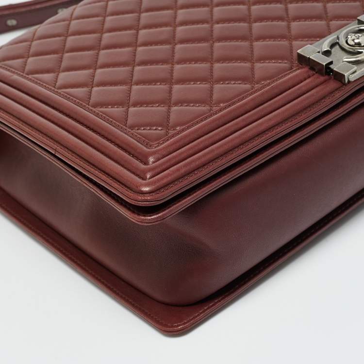 Pre Owned Chanel Boy Large Burgundy Quilted Lambskin Leather Flap Bag