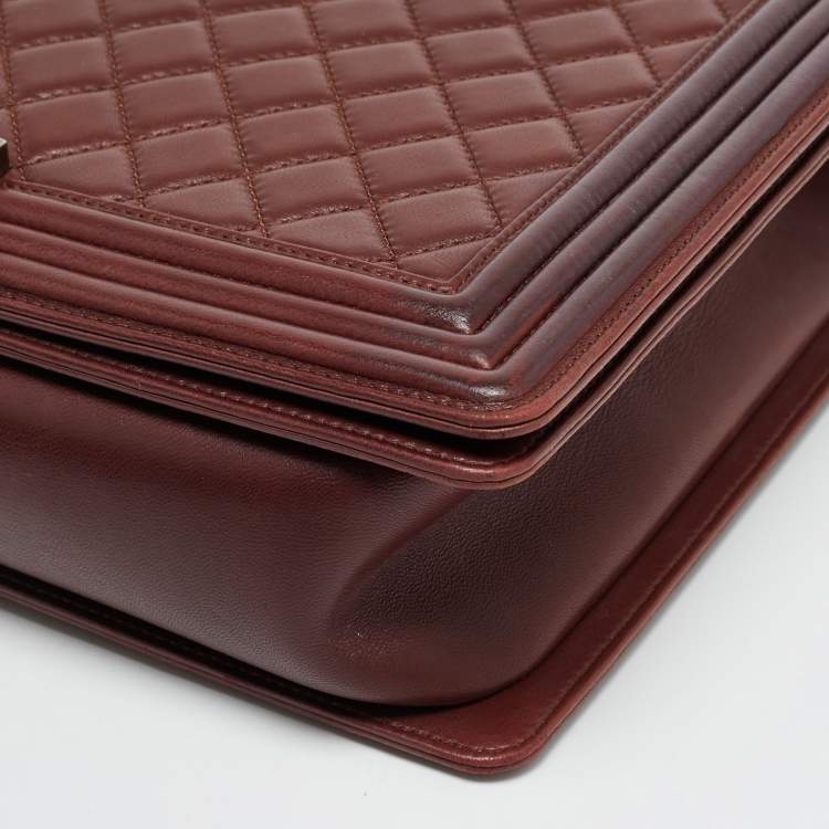 Pre Owned Chanel Boy Large Burgundy Quilted Lambskin Leather Flap Bag