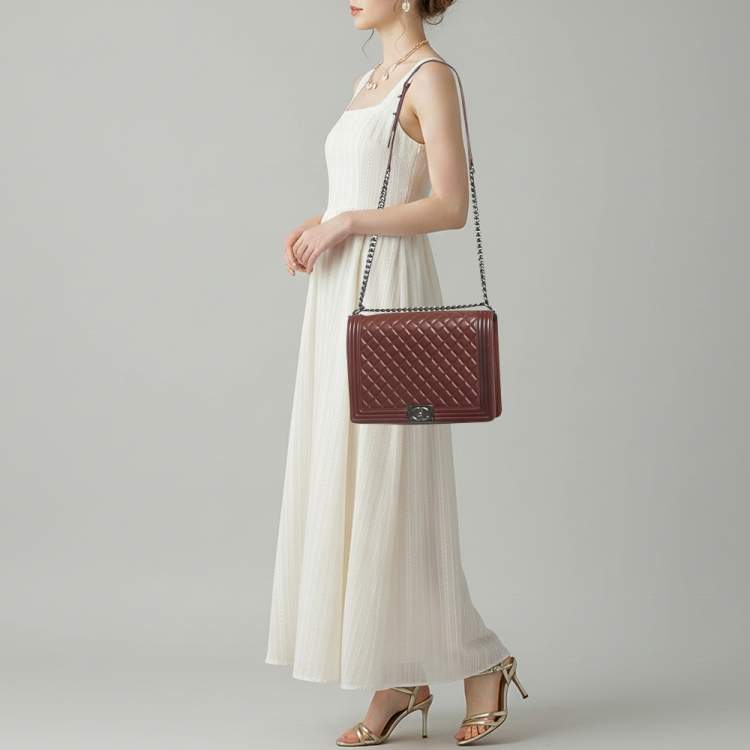 Pre Owned Chanel Boy Large Burgundy Quilted Lambskin Leather Flap Bag