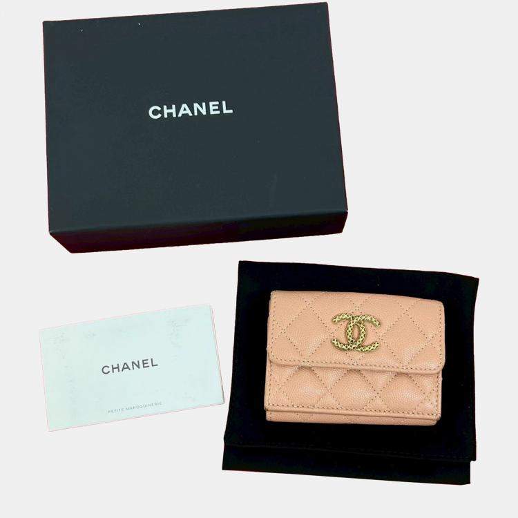 Pre Owned Chanel Brown CC Quilted Caviar Trifold Wallet