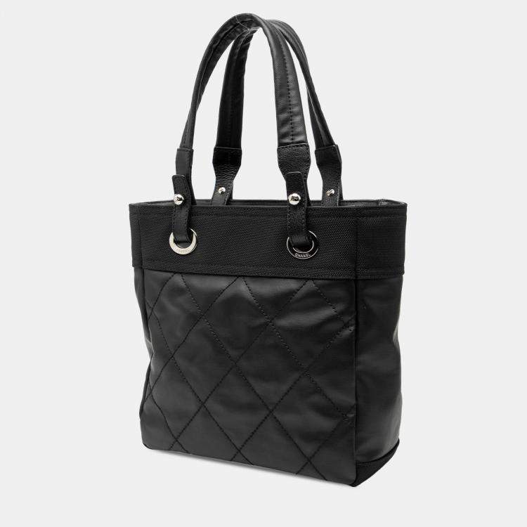 Pre Owned Chanel Black Small Quilted Coated Canvas Paris Biarritz Tote