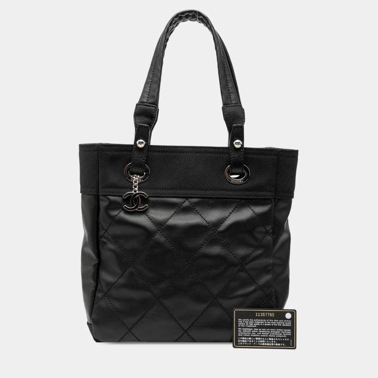 Pre Owned Chanel Black Small Quilted Coated Canvas Paris Biarritz Tote