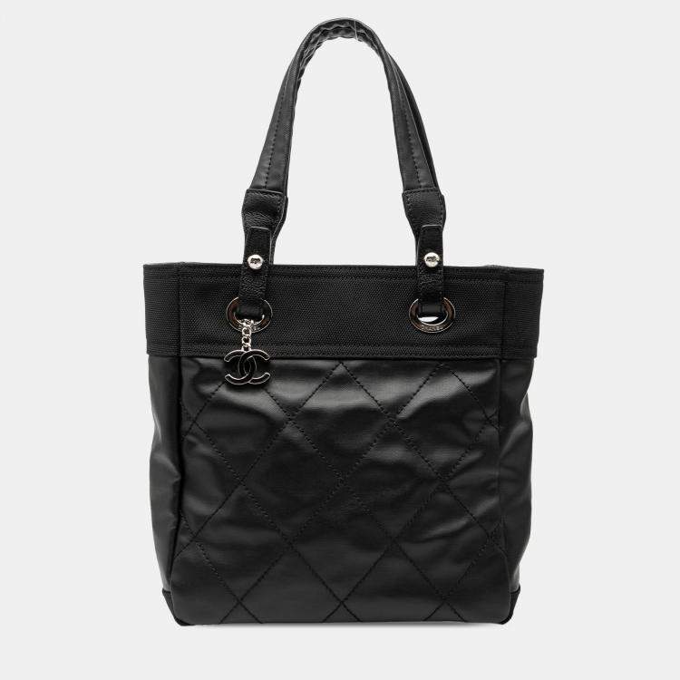 Pre Owned Chanel Black Small Quilted Coated Canvas Paris Biarritz Tote