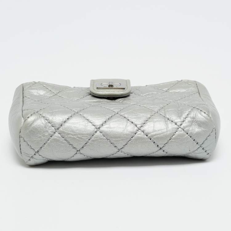 Pre Owned Chanel CC O Silver Quilted Leather Phone Pouch