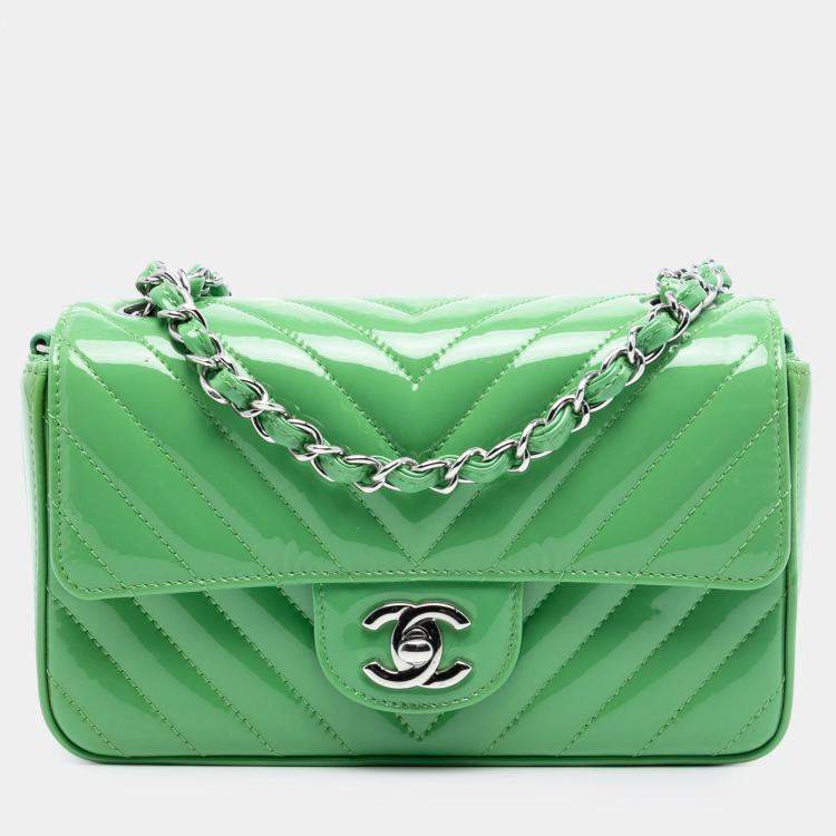 Pre Owned Chanel Green Mini Rectangular Classic Chevron Patent Single Flap