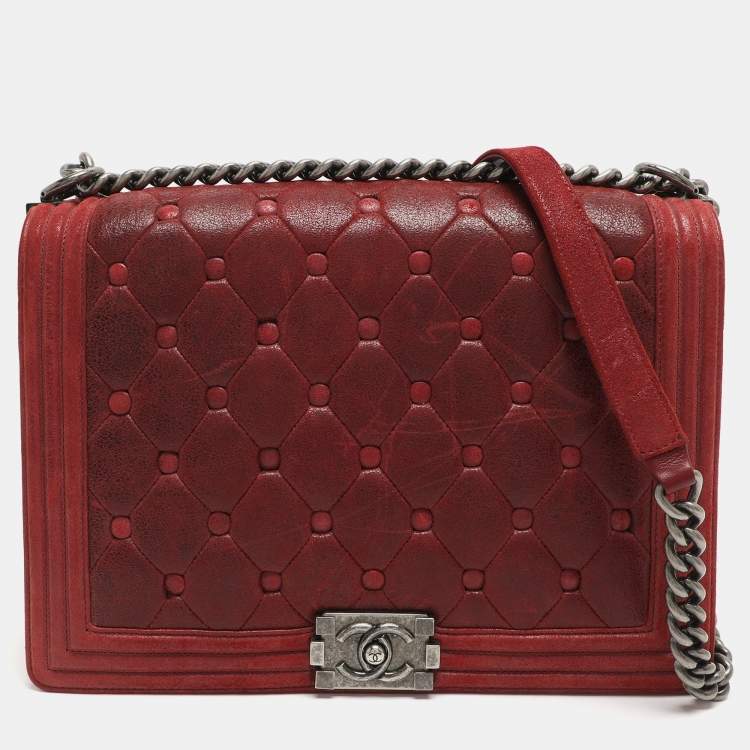 Pre Owned Chanel Boy Large Burgundy Chesterfield Quilted Nubuck Leather Flap Bag