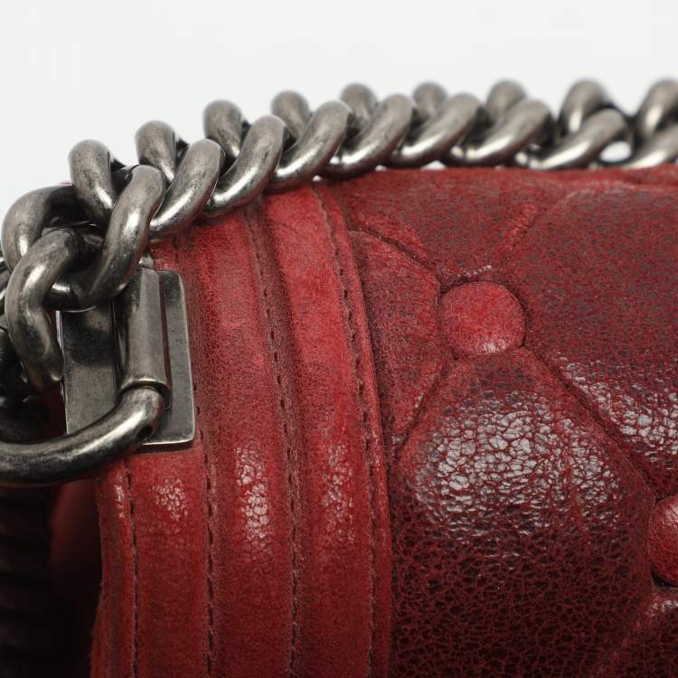Pre Owned Chanel Boy Large Burgundy Chesterfield Quilted Nubuck Leather Flap Bag