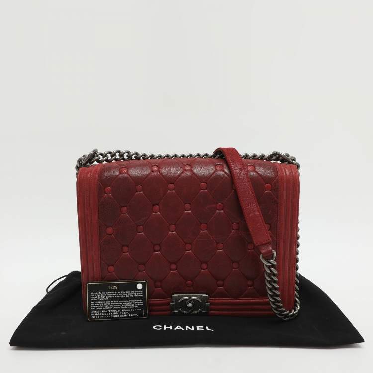Pre Owned Chanel Boy Large Burgundy Chesterfield Quilted Nubuck Leather Flap Bag