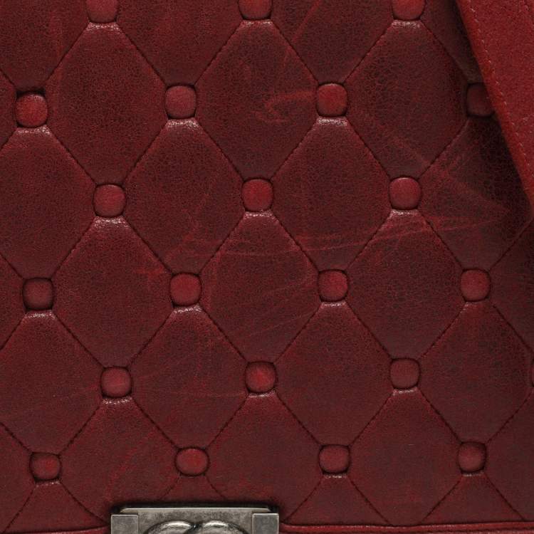 Pre Owned Chanel Boy Large Burgundy Chesterfield Quilted Nubuck Leather Flap Bag