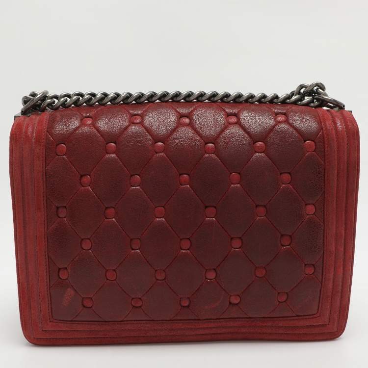 Pre Owned Chanel Boy Large Burgundy Chesterfield Quilted Nubuck Leather Flap Bag