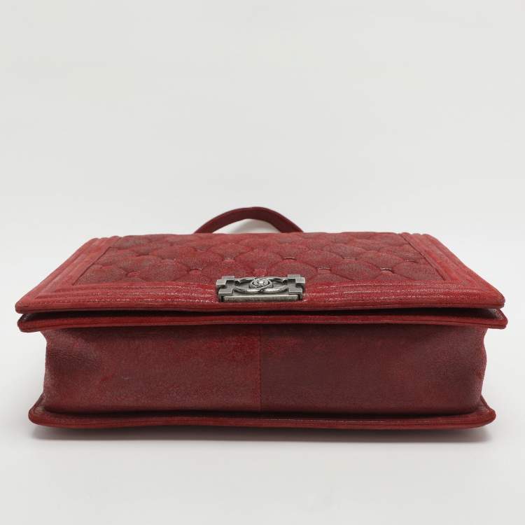 Pre Owned Chanel Boy Large Burgundy Chesterfield Quilted Nubuck Leather Flap Bag