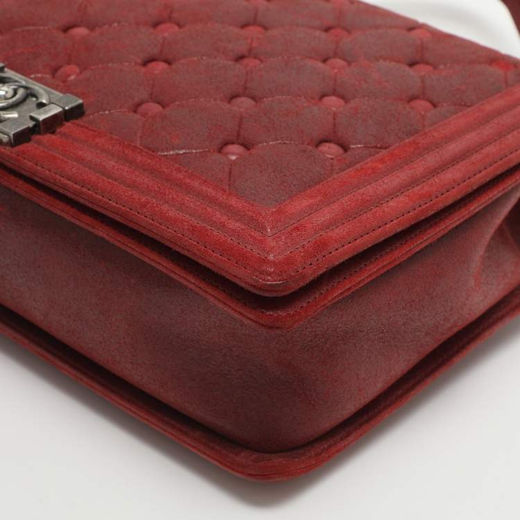 Pre Owned Chanel Boy Large Burgundy Chesterfield Quilted Nubuck Leather Flap Bag
