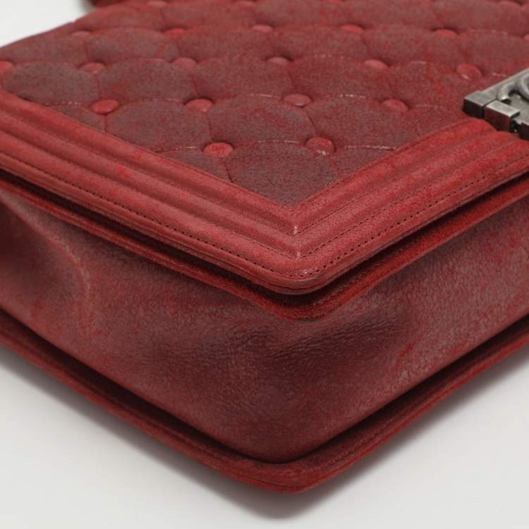 Pre Owned Chanel Boy Large Burgundy Chesterfield Quilted Nubuck Leather Flap Bag