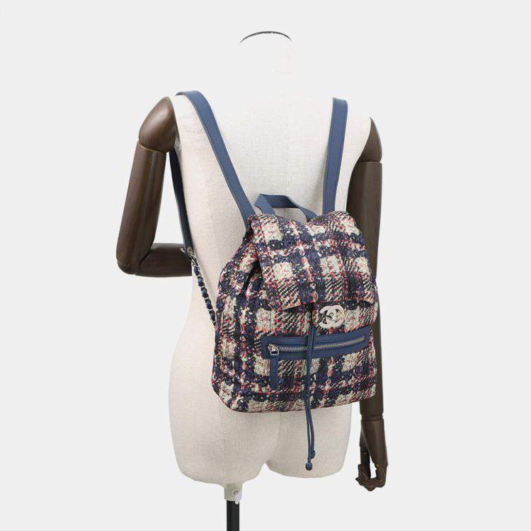 Pre Owned Chanel Cc Logo Tweed Print Backpack Blue/Multicolor Nylon Leather