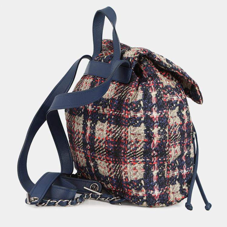 Pre Owned Chanel Cc Logo Tweed Print Backpack Blue/Multicolor Nylon Leather