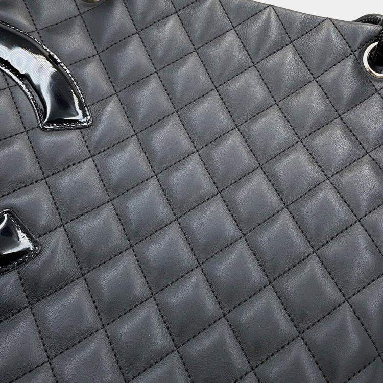 Pre Owned Chanel Cambon Line Tote Bag Black Lambskin Size Large