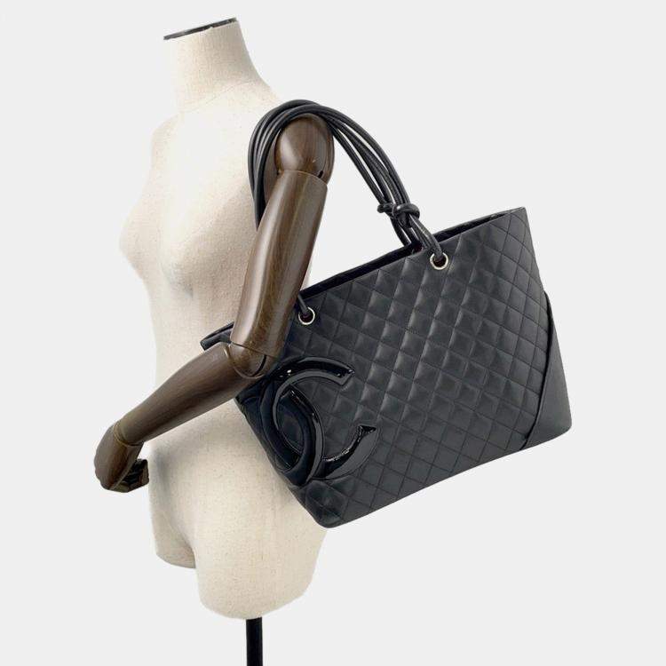 Pre Owned Chanel Cambon Line Tote Bag Black Lambskin Size Large
