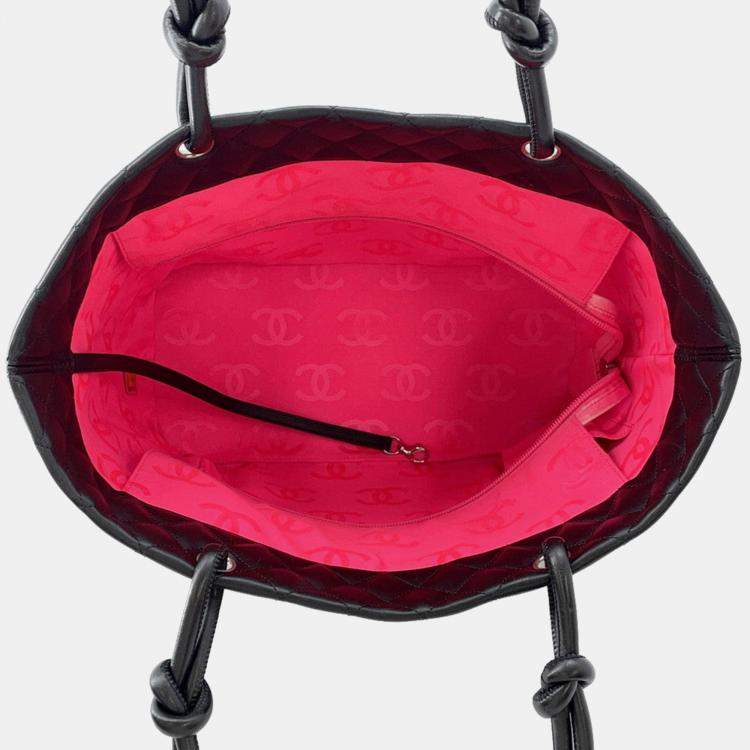 Pre Owned Chanel Cambon Line Tote Bag Black Lambskin Size Large