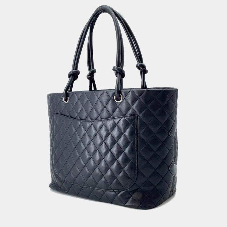 Pre Owned Chanel Cambon Line Tote Bag Black Lambskin Size Large