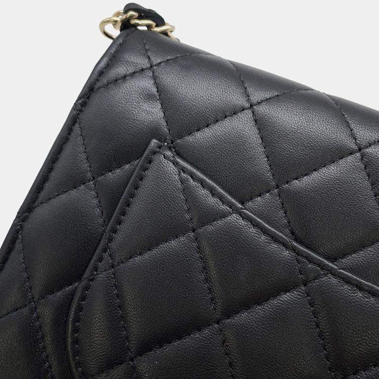 Pre Owned Chanel Pearl Chain Wallet Black Lambskin