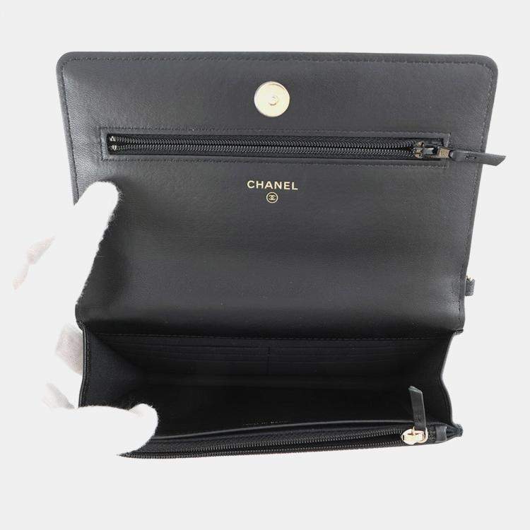 Pre Owned Chanel Pearl Chain Wallet Black Lambskin
