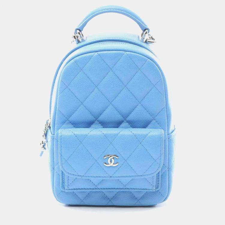 Pre Owned Chanel Matelasse Backpack Leather Grained Calfskin Blue