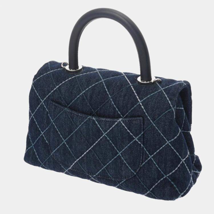 Pre Owned Chanel Matelasse Top Handle Flap Bag Xs Blue Denim Handbag