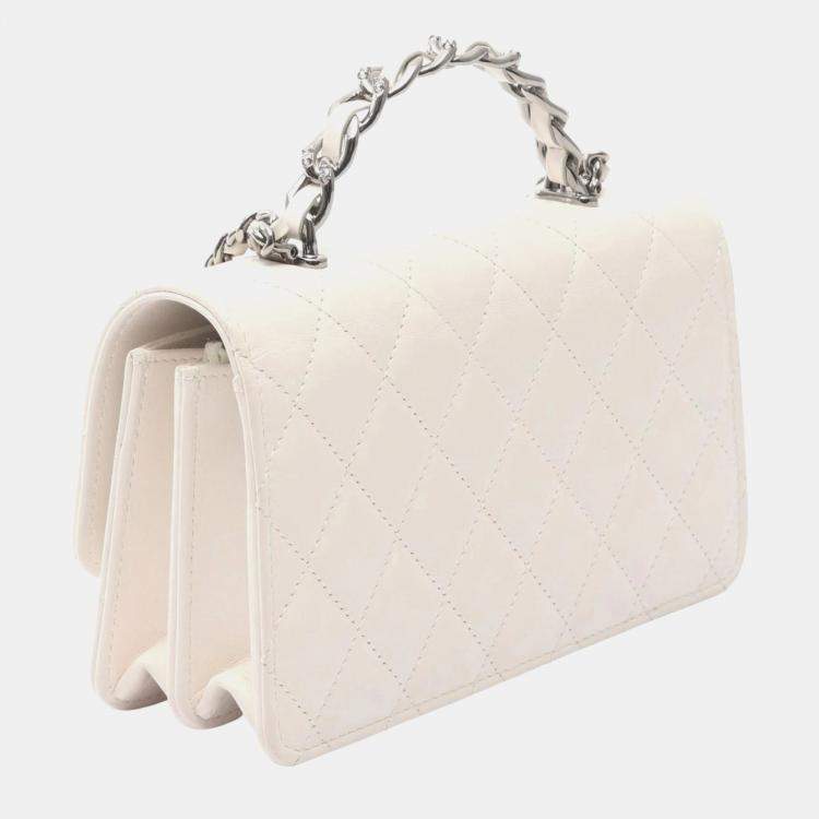 Pre Owned Chanel Matelasse Top Handle Phone Case Shoulder Bag In Lambskin Leather White