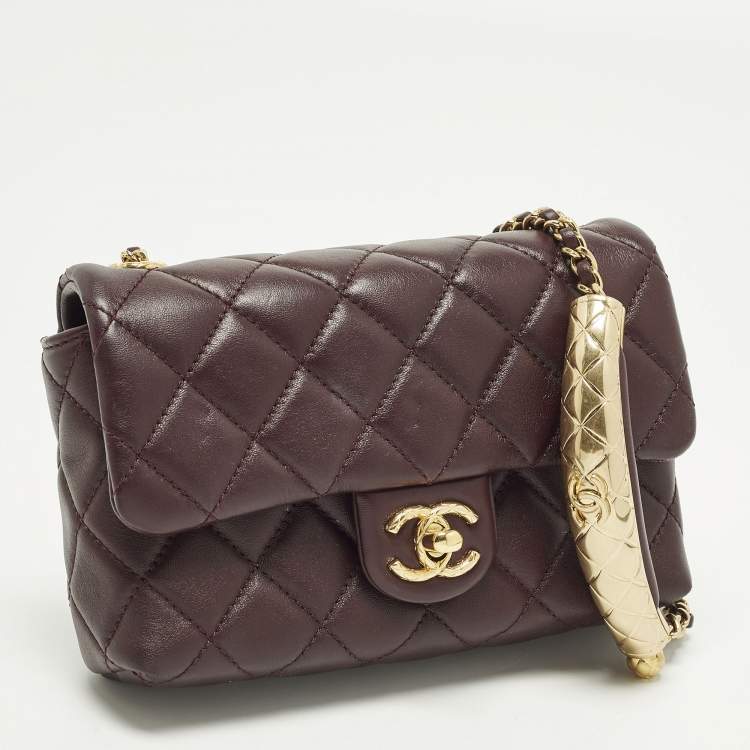 Pre Owned Chanel Rectangular Extra Mini Burgundy Quilted Leather Flap Bag