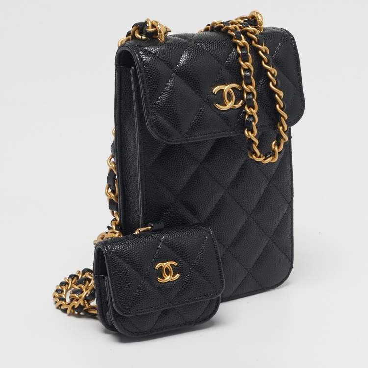 Pre Owned Chanel Black Quilted Caviar Leather Phone Holder Crossbody Bag