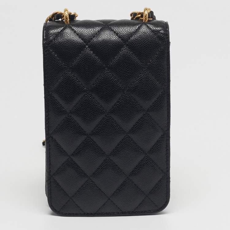 Pre Owned Chanel Black Quilted Caviar Leather Phone Holder Crossbody Bag