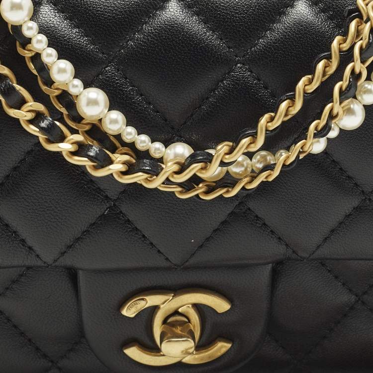 Pre Owned Chanel Square Mini Pearl Twist Black Quilted Leather Flap Bag