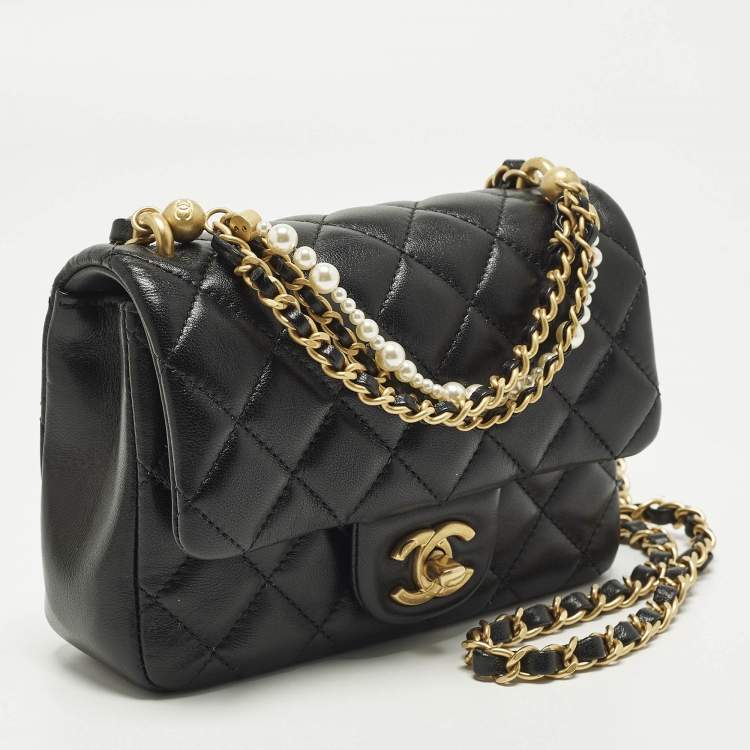 Pre Owned Chanel Square Mini Pearl Twist Black Quilted Leather Flap Bag