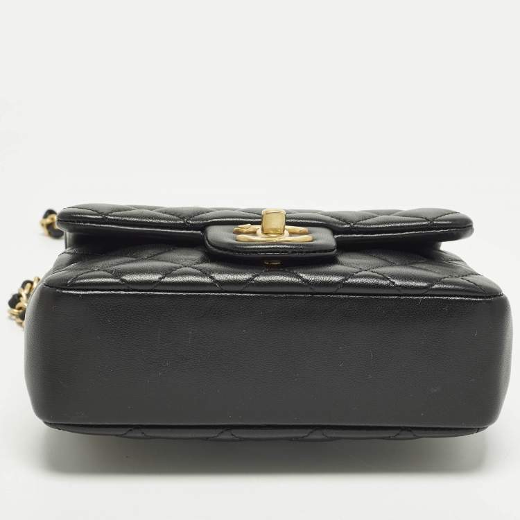 Pre Owned Chanel Square Mini Pearl Twist Black Quilted Leather Flap Bag