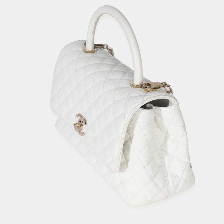 Pre Owned Chanel White Quilted Caviar Medium Coco Top Handle Bag