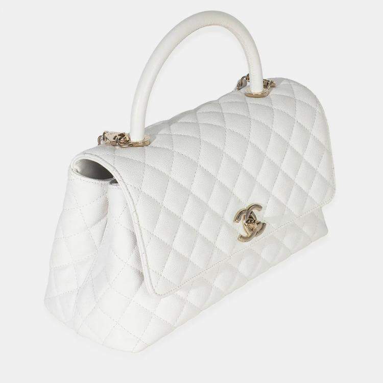 Pre Owned Chanel White Quilted Caviar Medium Coco Top Handle Bag