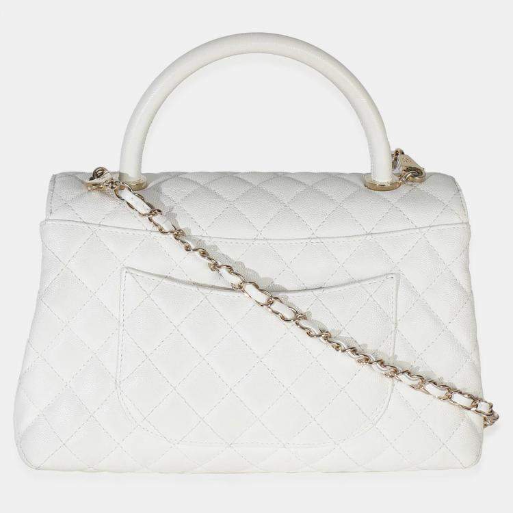 Pre Owned Chanel White Quilted Caviar Medium Coco Top Handle Bag