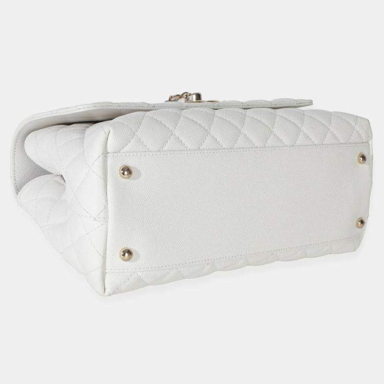 Pre Owned Chanel White Quilted Caviar Medium Coco Top Handle Bag