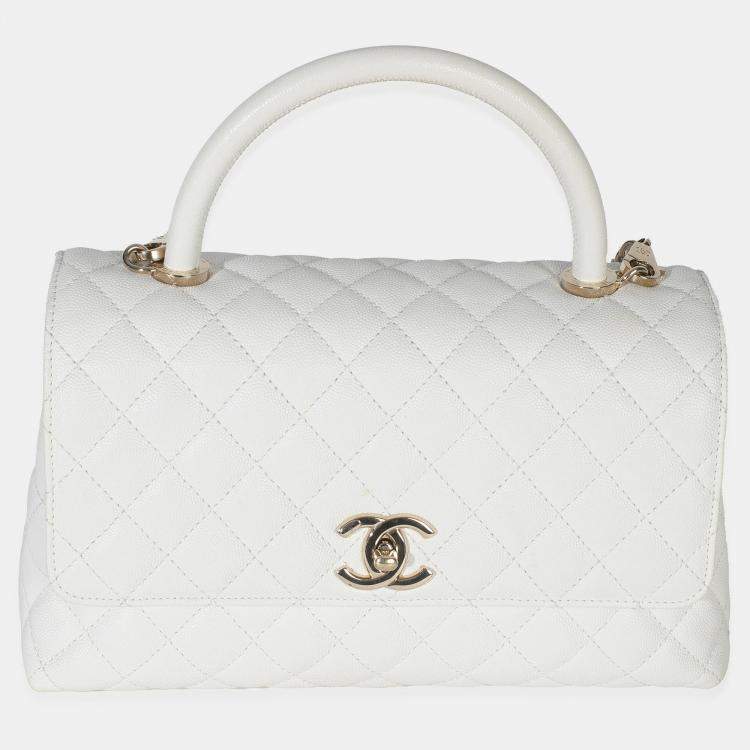 Pre Owned Chanel White Quilted Caviar Medium Coco Top Handle Bag