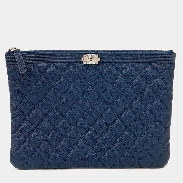 Pre Owned Chanel Navy Blue Leather Caviar Boy Clutch New Medium