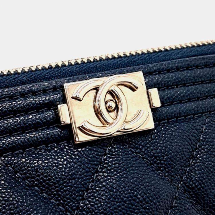 Pre Owned Chanel Navy Blue Leather Caviar Boy Clutch New Medium