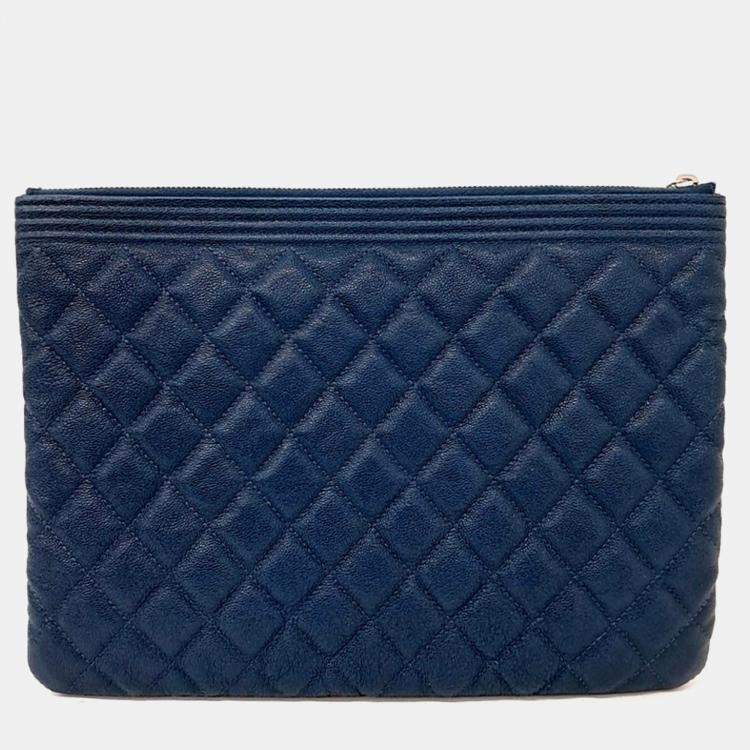 Pre Owned Chanel Navy Blue Leather Caviar Boy Clutch New Medium