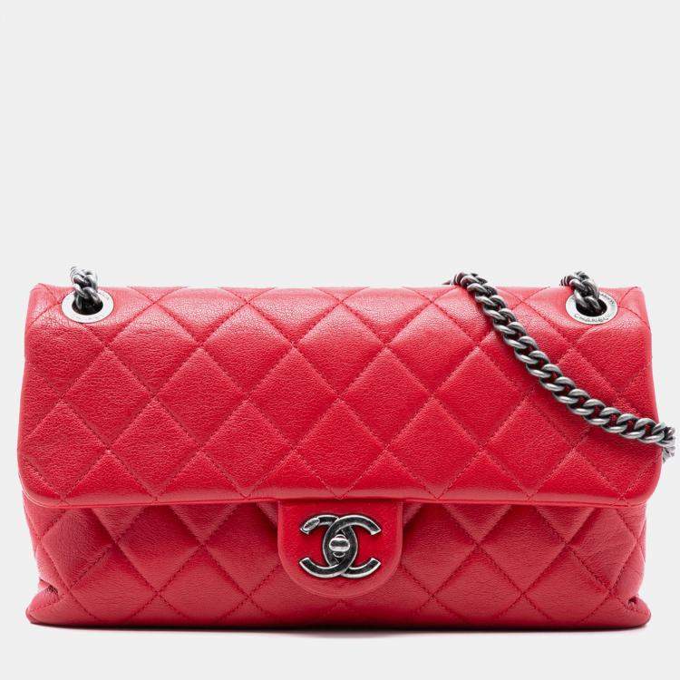 Pre Owned Chanel Red Medium Quilted Shiny Lambskin Burgundy Rocks Flap