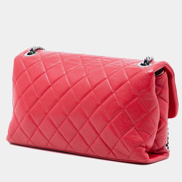 Pre Owned Chanel Red Medium Quilted Shiny Lambskin Burgundy Rocks Flap